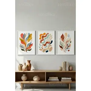 Tontilika Modern Soyut Bitkisel Desenler 3’lü Ahşap Çerçeveli Tablo Seti 30x42 cm