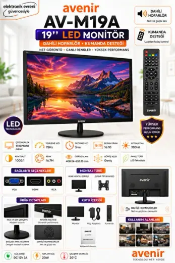 19 inç LED monitör dahili hoparlörlü kumandalı / monitör / HDMI VGA monitör / bilgisayar monitörü / Full HD LED monitör / Güvenlik sistemi monitörü / CCTV güvenlik monitörü HDMI VGA