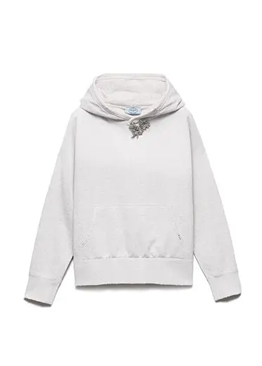 Gri Pamuklu Polar Taş Broşlu ve Kapüşonlu Kadın Sweatshirt