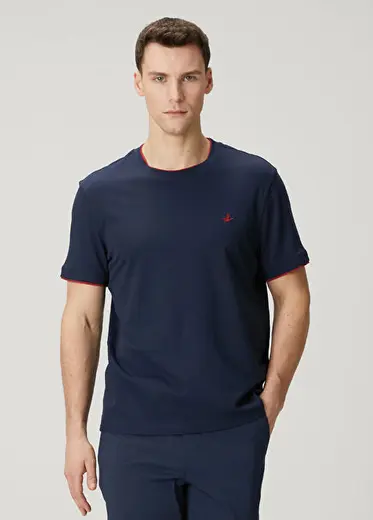Lacivert Relax Fit Yaka Kol Ucu Garnili T-shirt