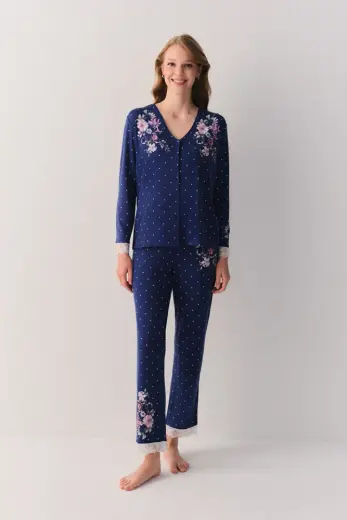 Mavi Puantiyeli Jane Gömlek Yaka Pijama Takımı