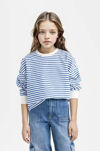 %100 Pamuk Relax Fit Bisiklet Yaka Çizgili Sweatshirt Kız Çocuk