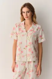 Ekru Desenli Ellen Pamuklu Gömlek Yaka Pijama Takımı 3