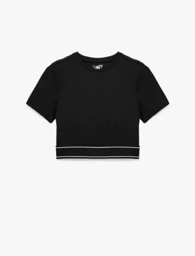 Slim Fit Kısa Kollu Bisiklet Yaka Lastik Detaylı Crop Spor Tişört