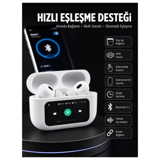 Aslanoğlu Store Mey Ithalat® Dokunmatik Ekranlı Anc/enc Yeni Nesil Pro Bluetooth Kulaklık Dokunmatik Ekran Yeni Nes