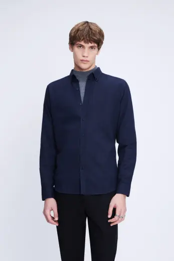 Lacivert Slim Fit Uzun Kollu Düğmeli Yaka Flanel Gömlek