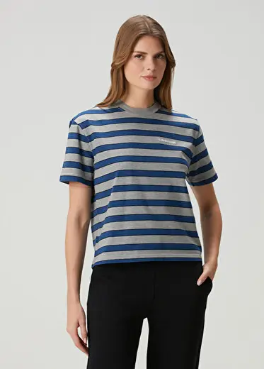 Roam Lacivert Gri Çizgili T-shirt