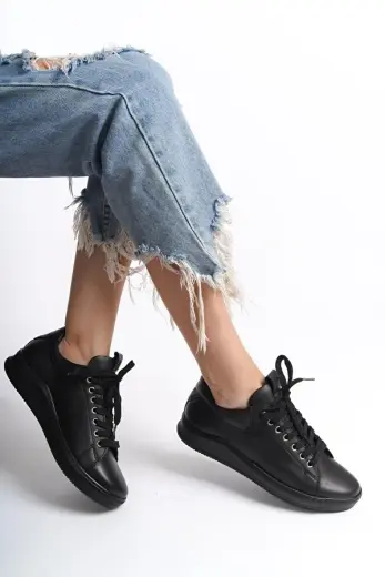 Harry Siyah Hakiki Deri Sneaker Kadın Günlük Spor Ayakkabı
