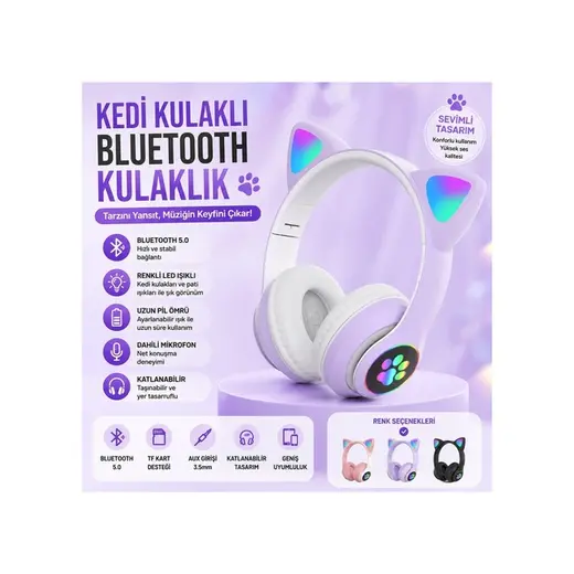 Stn-28 Kulaküstü Kablosuz Kedi Tasarımlı Kulaklık Bluetooth Fm Radyolu Hafıza Kartı Girişli Sevimli Kulaklık