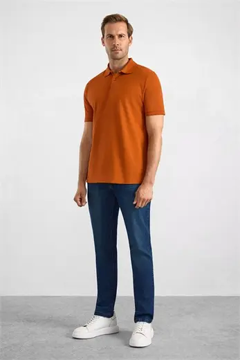 Kiremit Slim Düz Düğmeli Polo Yaka Tişört