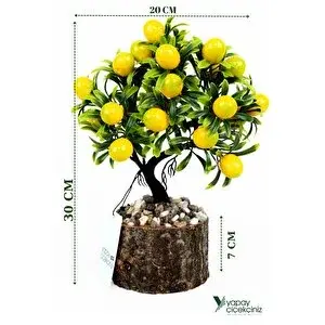 Yapay Çiçekçiniz Taş Detaylı Odun Saksıda Yapay Bonsai Ağacı Limon