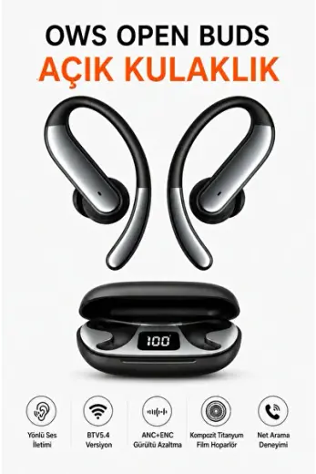 OWS Açık Kulak Bluetooth Kulaklık, AI Akıllı Çeviri Destekli Kablosuz Kulaklık, ANC+ENC Gürültü Azaltma Teknolojisi, BT 5.4, Dijital Göstergeli Şarj Kutulu Premium Kulaklık