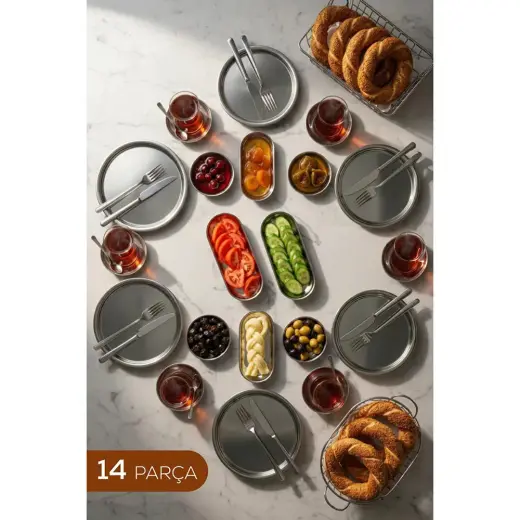 Vienev 14 Parça 6 Kişilik Metal Kahvaltılık Ve Sunum Seti Yuvarlak Ve Kayık Tabak Takımı