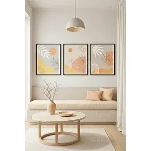 Tontilika Modern Bohem Soyut Botanik 3’lü Ahşap Çerçeveli Tablo Seti 30x42 cm