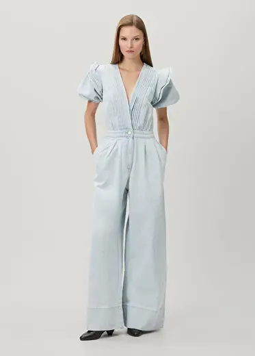 Mavi Fırfırlı Denim Tulum