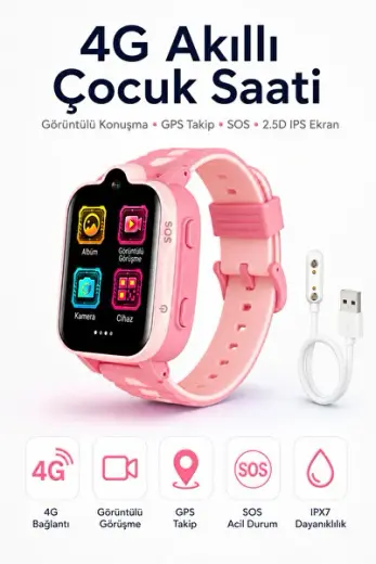 4G SIM Kartlı Akıllı Çocuk Saati, BTK Kayıtlı Orijinal, GPS Konum Takipli, Görüntülü Konuşma, SOS Acil Durum, 2.5D IPS Dokunmatik Ekran, Kamera, IPX7, 850 mAh Pil, Manyetik Şarj Pembe