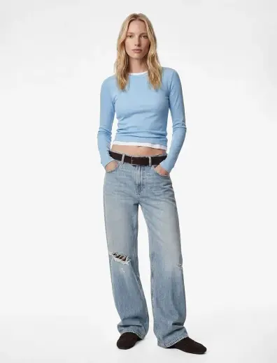 Pamuklu Slim Fit Uzun Kollu Bisiklet Yaka Tişört