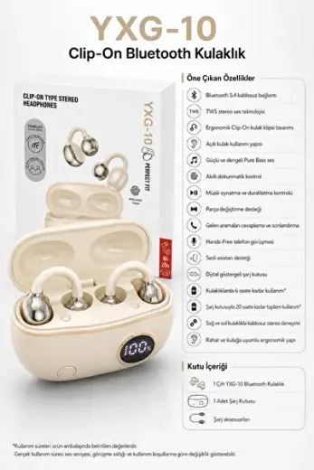 YXG-10 TWS Clip-On Bluetooth 5.4 Kablosuz Kulaklık Dokunmatik Kontrollü Mikrofonlu Dijital Göstergeli Şarj Kutulu