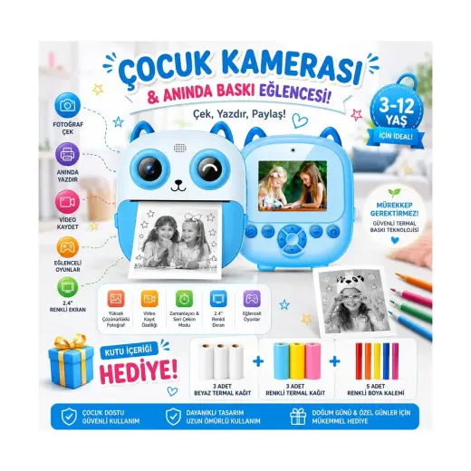 Robeve Çocuk Kamerası Anında Baskılı Termal Yazıcılı Fotoğraf Makinesi 3-12 Yaş Çocuk Fotoğraf Kamerası Video Kayıtlı Selfie Özellikli Eğitici Oyuncak Kamera 3 Renkli + 3 Beyaz Kağıt Hediyeli Pembe