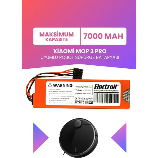 Electroll Xiaomi Mop 2 Pro Batarya MJST1SHW (Maksimum Kapasite) 7000 MAH Robot Süpürge Batarya