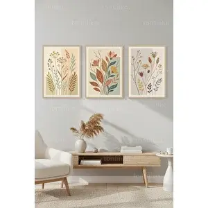 Tontilika Pastel Botanik 3’lü Ahşap Çerçeveli Tablo Seti 50 x 70 cm