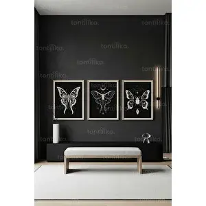 Tontilika Mistik Kelebek Ve Böcek Motifleri 3’lü Ahşap Çerçeveli Tablo Seti 50 x 70 cm
