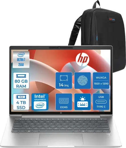 Hp Probook 4 G1I Intel Ultra7 255U 80GB Ddr5 4tb SSD 14 Inch Intel® Grafik Gpu Wuxga (1920X1200) IPS 300NIT Freedos Taşınabilir Bilgisayar D21PDETF30+ZETTAÇANTA