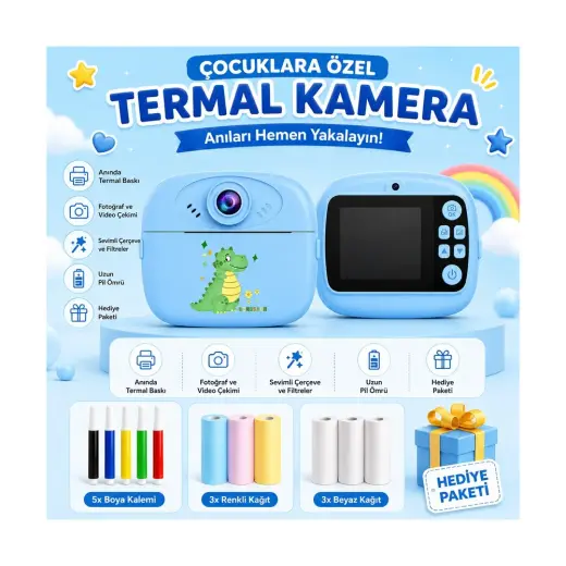 Robeve Çocuk Termal Baskılı Fotoğraf Makinesi – Anında Baskı Özellikli Çocuk Kamerası, Fotoğraf ve Video Çekimi, Çerçeveler ve Filtreler, Şarj Edilebilir Çocuk Kamerası, Hediye Kağıt ve Kalem Setli