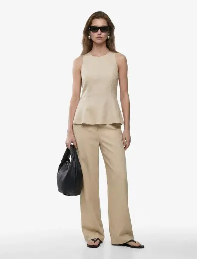 Bisiklet Yaka Kolsuz Peplum Keten Bluz