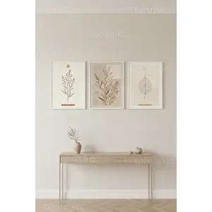 Tontilika Minimalist Botanik Yaprak Desenli 3’lü Ahşap Çerçeveli Tablo Seti 50 x 70 cm
