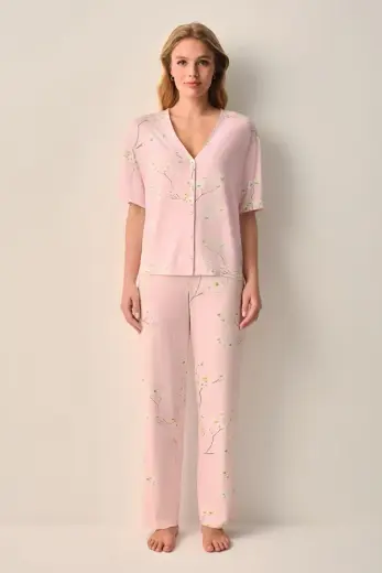 Pembe Laurel Gömlek Yaka Pijama Takımı