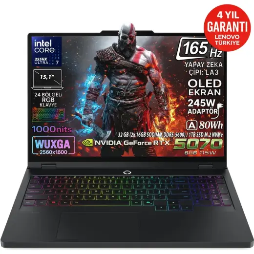 Lenovo Legion 5 15IAX10 Intel Core Ultra 7 255HX 32GB 1TB SSD RTX 5070 8GB 15.1" WQXGA (2560X1600) OLED 165Hz 115W Freedos Taşınabilir Bilgisayar 83F0008BTR