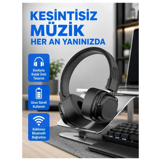 Masa Dostu Bluetooth Kablosuz Kulak Üstü Kulaklık Katlanabilir Konforlu ve Şık Tasarımlı Tdms-07