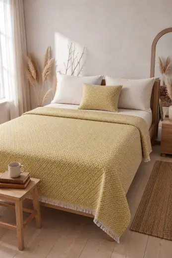 Lunga Vita Dokuma Pike Çiftkişilik 200x220 Çok Amaçlı Bohem Yatak Örtüsü Hardal