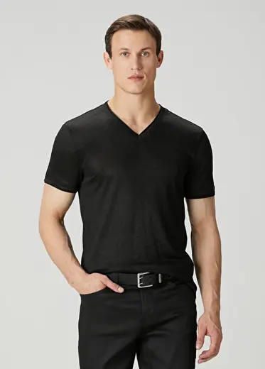 Slim Fit Wooster Siyah V Yaka Keten T-shirt