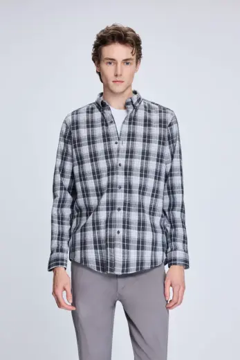 Gri Slim Fit Kareli Düğmeli Yaka Uzun Kollu Pamuklu Gömlek