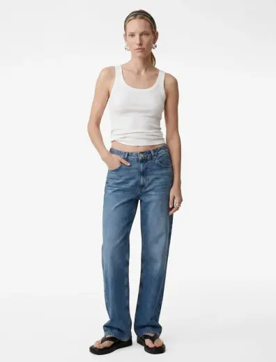Pamuklu Cepli Düğmeli Normal Geniş Paça Jean Pantolon - Baggy Jeans