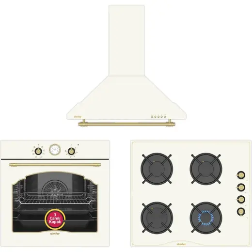 Simfer 0+8 Fonksiyon Retro Bej 3'lü Ankastre Set (8218 Fırın + 3326 Ocak + 8716 Davlumbaz)