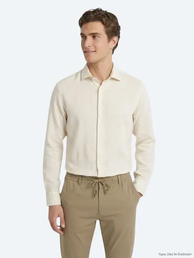 Bej Regular Fit Uzun Dokuma Casual Pamuk Karışımlı Gömlek