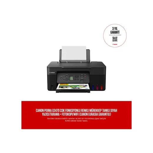 Canon PIXMA G3470 Çok Fonksiyonlu Renkli Mürekkep Tanklı Siyah Yazıcı/Tarama + Fotokopi/Wifi (Canon Eurasia Garantili)