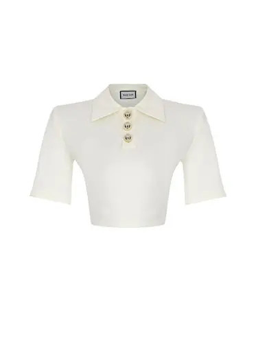 No13 Ekru Gold Düğmeli Polo Yaka Kısa Kollu Kadın T-shirt