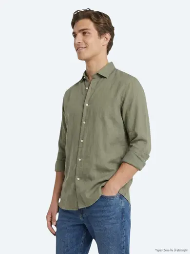 Nefti Yeşil Düz Regular Fit Uzun Dokuma Casual Pamuk Karışımlı Gömlek
