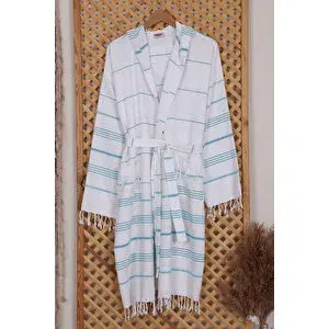 Mira Home Kapşonlu Unisex Beyaz Çizgili Banyo Deniz Plaj Peştemal Bornozu %100 Pamuklu L