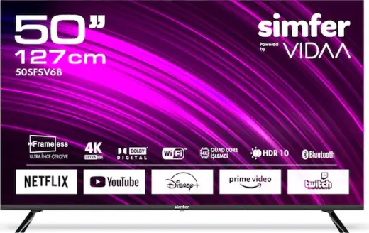 Simfer 50SFSV6B 4K Ultra HD 50" 127 Ekran Uydu Alıcılı VIDAA Smart LED TV