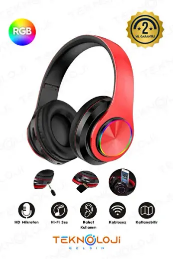 Kablosuz Kulaklık Bluetooth Mikrofonlu Kulaküstü Kulaklık Led Işıklı Katlanabilir Kırmızı