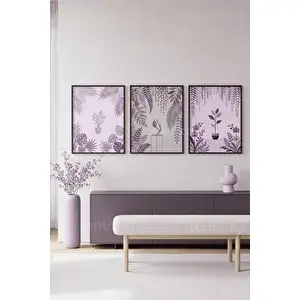Tontilika Lavanta Botanik Desenli 3’lü Ahşap Çerçeveli Tablo Seti 30x42 cm