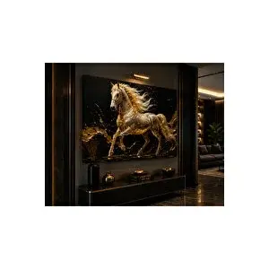 Mgi Design Gold Beyaz At Kanvas Tablo Siyah Zeminli Lüks Ofis Salon Duvar Dekoru | Modern Duvar Dekoru | Salon, Yatak Odası Ve Ofis İçin | Sanatsal Ev Dekorasyonu 30x50 cm