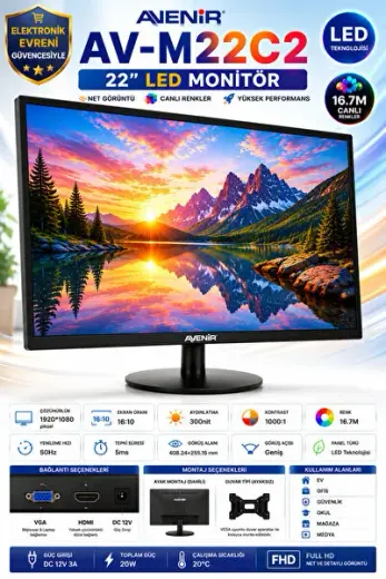 22 inç LED monitör / monitör / HDMI VGA monitör / bilgisayar monitörü / Full HD LED monitör / Güvenlik sistemi monitörü / CCTV güvenlik monitörü HDMI VGA / Masaüstü monitör