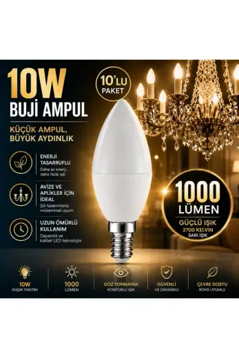10'lu Paket 10W Buji Led Ampul Sarı Işık İnce Duylu Ampul Avize Ampulü 1000 Lümen