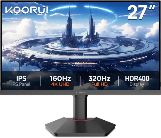 Koorui G2741L 27 İnç Monitör, Akıllı Yenileme Hızı (UHD 160Hz/FHD 320Hz), IPS 4K Oyun Monitörü,%100 sRGB, HDMI 2.1 x2 + DP 1.4, Dönebilir VESA 75x75mm, Adaptive-Sync, Profesyonel E-Spor Monitörler